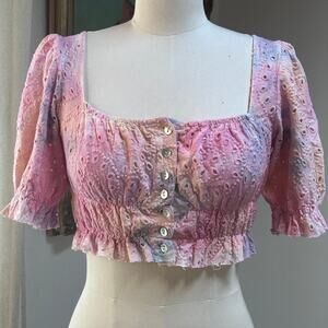 Milkmaid Crop Top Cotton Eyelet Puff Sleeve Rainbow Fairycore Festival XS S